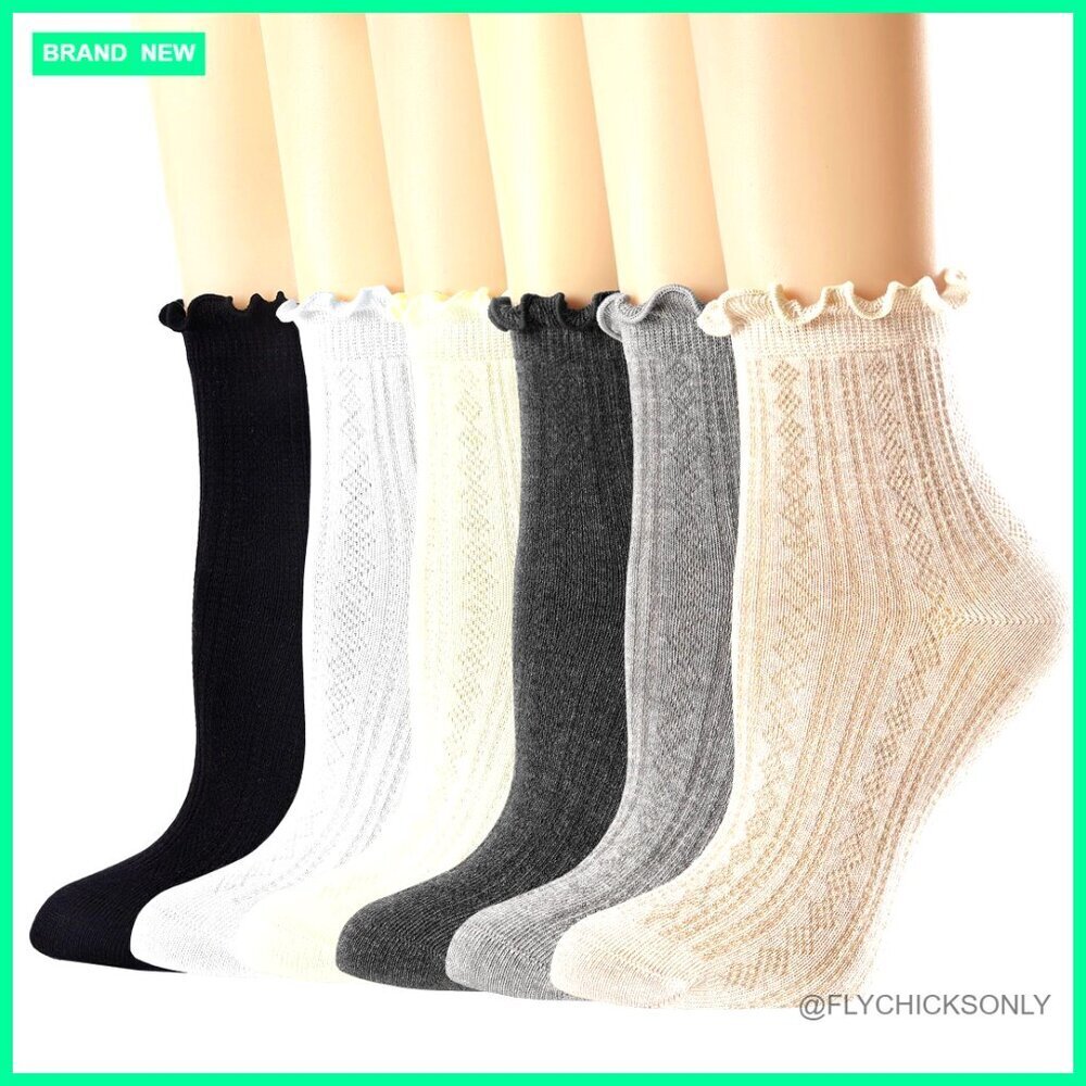 Women's Crew Socks 6-Pack Cotton Ruffle Trim Ankle Casual Dress